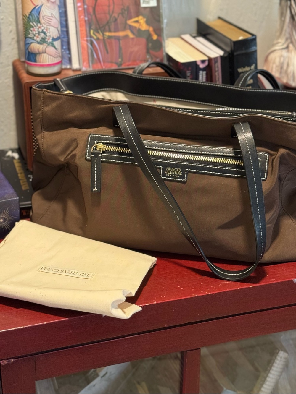 Frances Valentine Brown Shoulder Tote Black Trim Gold Hardware Dust Bag